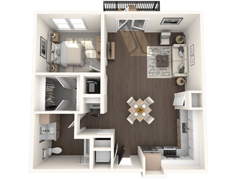 A 3D rendered image of a small apartment layout.